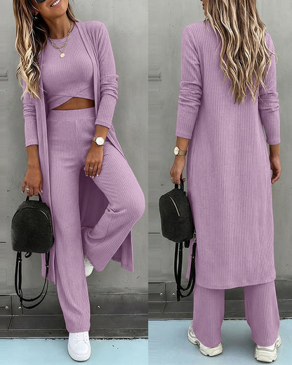 Women's 3 Piece Knit Set Long Cardigan Criss Cross Crop Tank Top and Wide Leg Pants Casual Ribbed Brushed Lounge Set