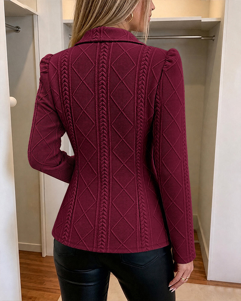 Blazer elegante de mujer con textura de cuadros de rombos, corte entallado, mangas abullonadas y botones dorados, chaqueta de traje para oficina con bolsillos