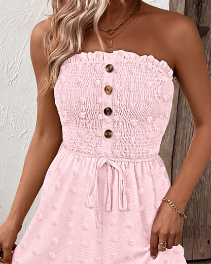 Polka Dot Bandeau Sleeveless Shirred Rompers Casual Button Decor Tied Detail Short Jumpsuit