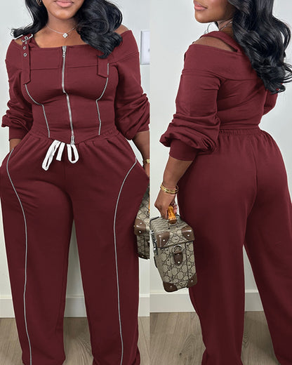 2 Pieces Outfit Trendy Long Sleeve Cold Shoulder Top and Drawstring Waist Pants with Pockets