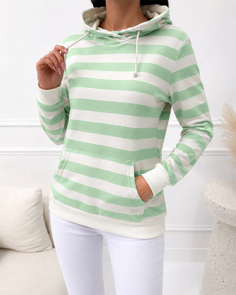 Women's Striped Pullover Sweatshirt Stand Collar Drawstring Kangaroo Pocket Casual Top