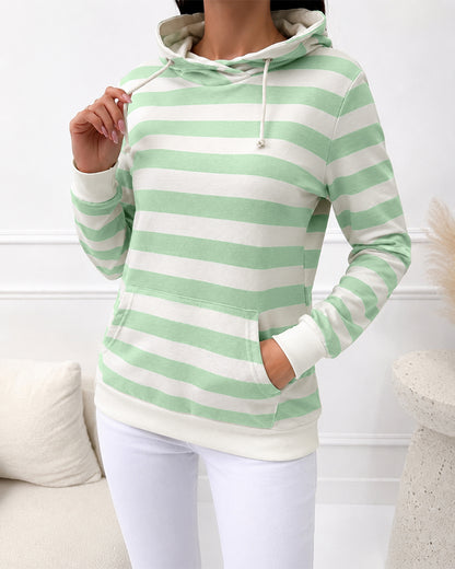 Women's Striped Pullover Sweatshirt Stand Collar Drawstring Kangaroo Pocket Casual Top