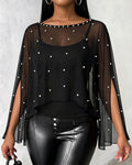 Women's 2 Piece Set Split Sleeve Pearl Sheer Chiffon Cape Top with Cami Top