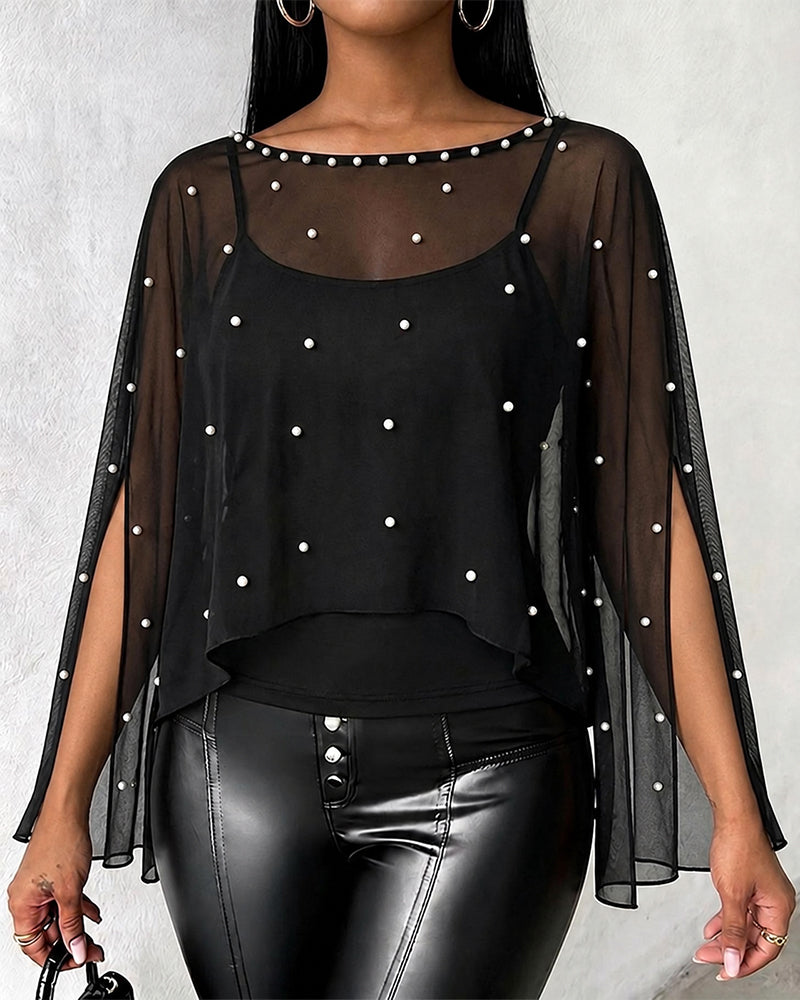 Women's 2 Piece Set Split Sleeve Pearl Sheer Chiffon Cape Top with Cami Top