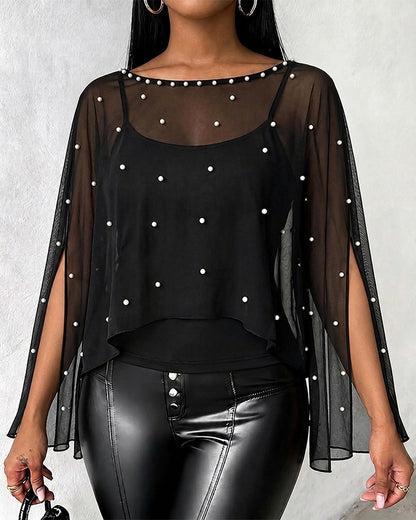 Women's 2 Piece Set Split Sleeve Pearl Sheer Chiffon Cape Top with Cami Top