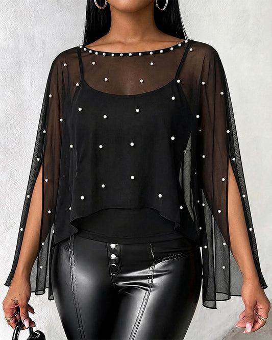 Women's 2 Piece Set Split Sleeve Pearl Sheer Chiffon Cape Top with Cami Top