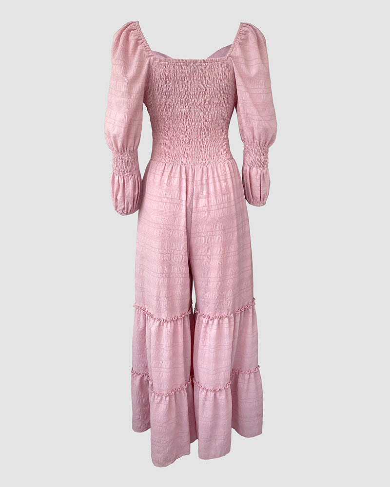 Square Neck Long Sleeve Drawstring  Shirred Jumpsuit