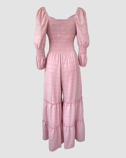 Square Neck Long Sleeve Drawstring  Shirred Jumpsuit