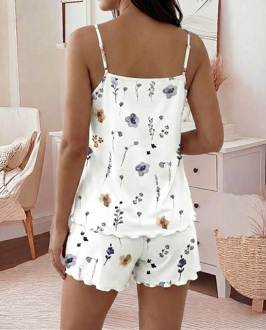 2 Pieces Outfit U-Neck Adjustable Spaghetti Straps Cami Top and Elastic Waist Shorts Set Casual Watercolor Floral Print Pajamas Set