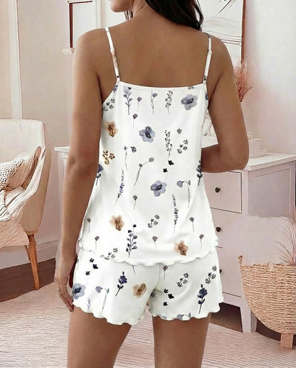2 Pieces Outfit U-Neck Adjustable Spaghetti Straps Cami Top and Elastic Waist Shorts Set Casual Watercolor Floral Print Pajamas Set