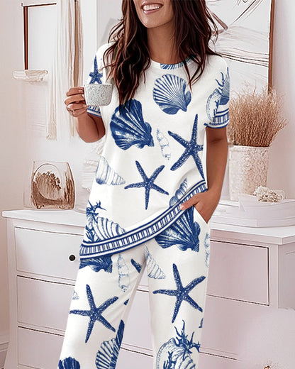 Women's 2 Piece Ocean Style Print Lounge Sets Short Sleeve T Shirt and High Waisted Wide Leg Pants Pajamas Sets with Pockets
