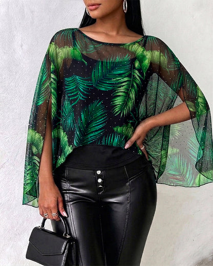 Women's 2 Piece Set Tropical Leaf Print Rhinestone Mesh Split Sleeve Cape with Cami Top