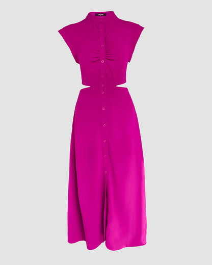 Solid Color Cutout Button Down Elastic Waist Back Versatile Casual Dress Vocation Maxi Dress