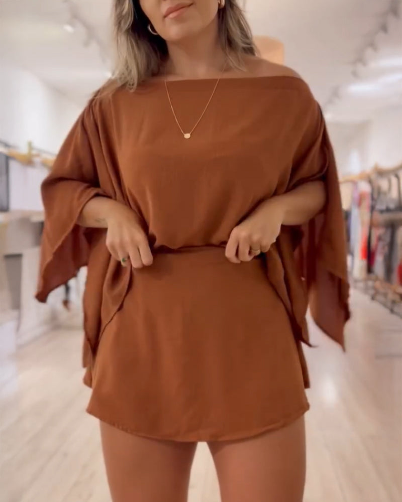 3 Pieces Outfit Solid Off Shoulder Split Sleeve Convertible Crop Top and Casual Elastic Waist Skorts Set With Bandeau(Without Belt)