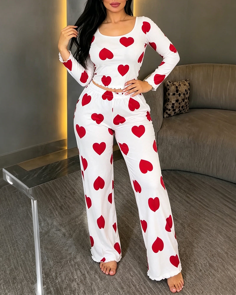 Women's Heart Print Pajama Set Backless Tied Detail Crop Top and High Waist Straight Leg Pants