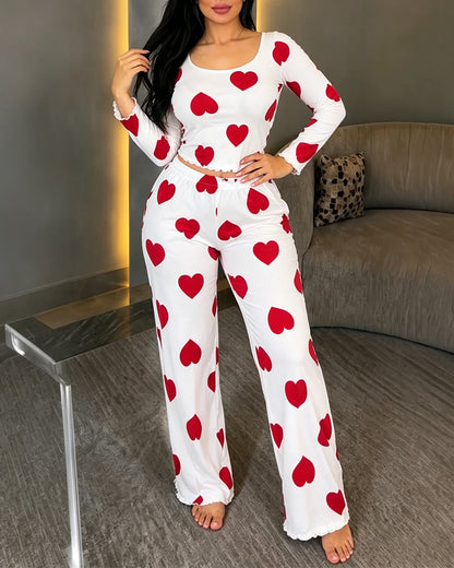Women's Heart Print Pajama Set Backless Tied Detail Crop Top and High Waist Straight Leg Pants