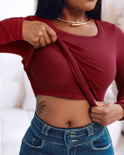 Built In Bra U Neck Tee High Stretchy Knit T-Shirt Long Sleeve Top