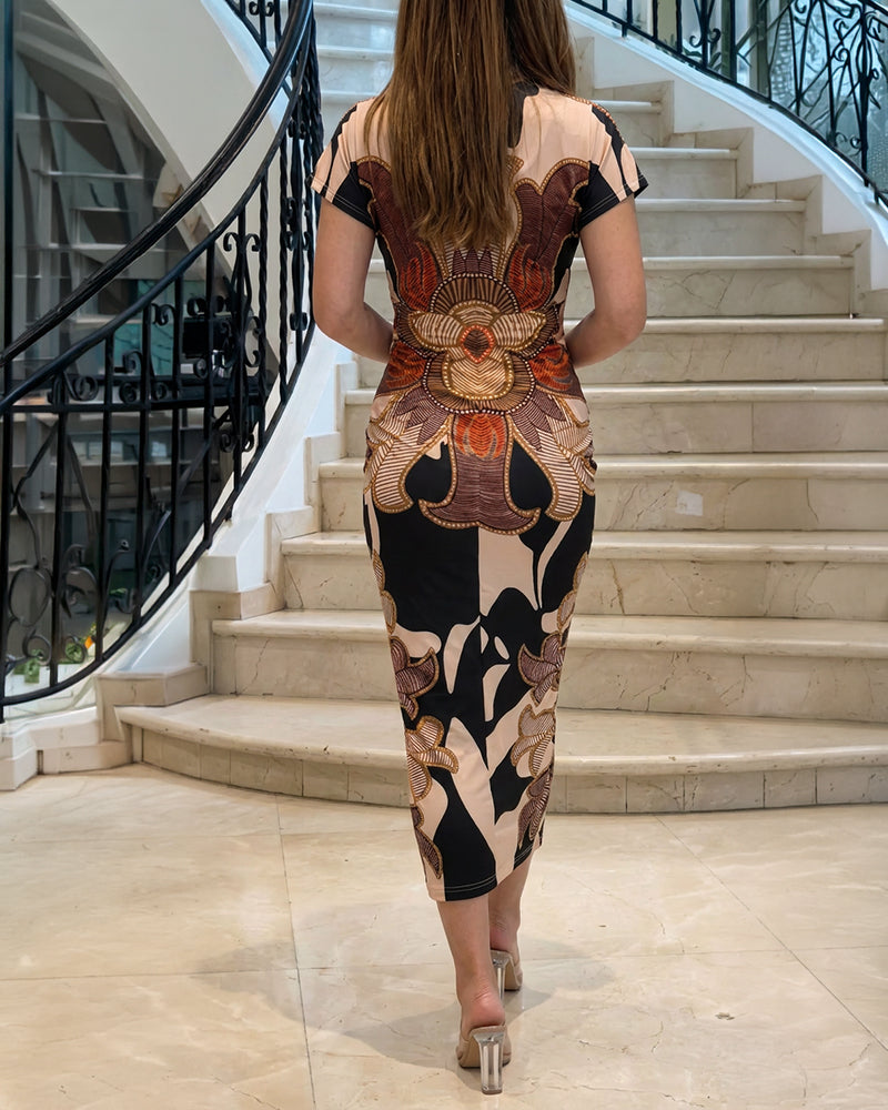 Vintage Baroque Print Deep V-Neck Short Sleeve Ruched Mid-length Dress Slim Fit Slit Front Vacation Dress