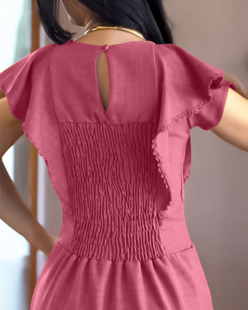 Butterfly Sleeve Hollow-out Back Shirred Work Dress Casual Cinched Waist Lace Trim Ruffle Hem Dress