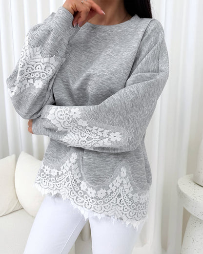 Women's Lace Trim Oversized Sweatshirt Drop Shoulder Long Sleeve Pullover Loose Fit Casual Crewneck Top
