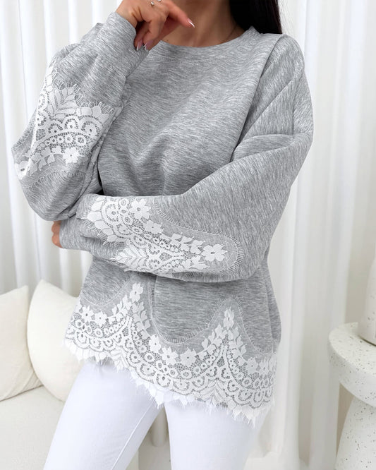 Women's Lace Trim Oversized Sweatshirt Drop Shoulder Long Sleeve Pullover Loose Fit Casual Crewneck Top