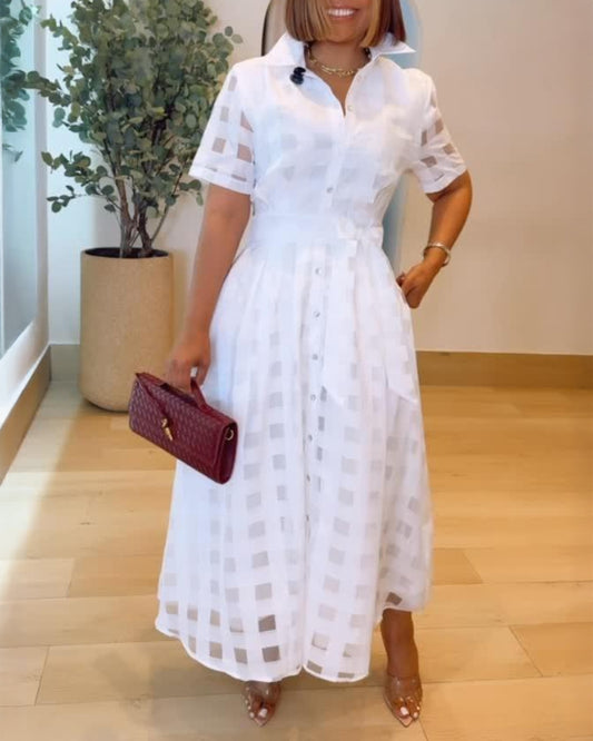 Turn Down Collar Plaid Mesh Double Layered Cinched Waist Maxi Dress Button Down Bow Tie Waist Commuting Dress