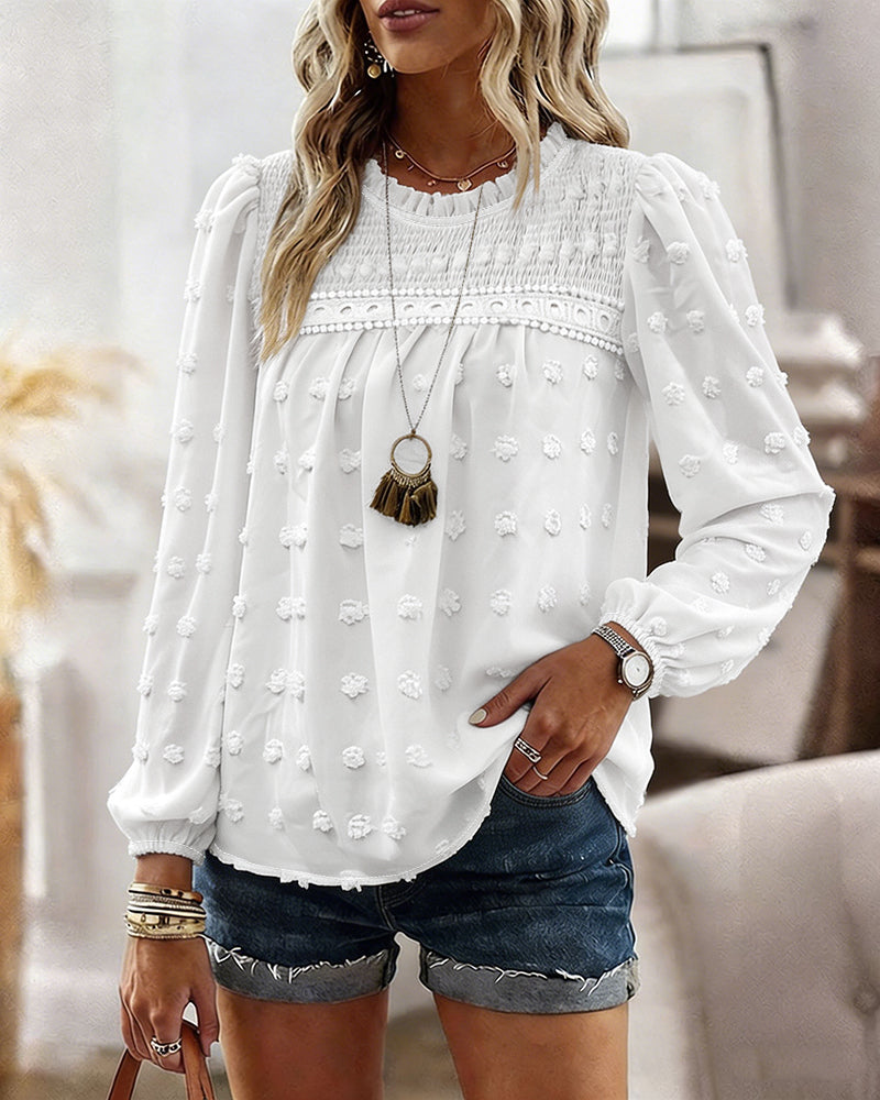 Women's French Style Chiffon Blouse Elegant Frill Trim Stand Collar Top Lantern Sleeve Lace Patchwork Jacquard Shirt