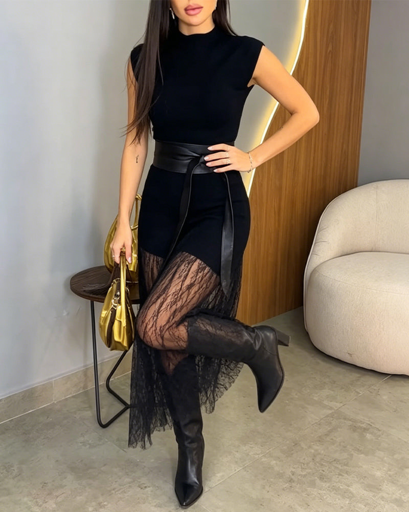 Women's Knit Lace Hem Maxi Dress Elegant Mock Neck Cap Sleeve Party Dress