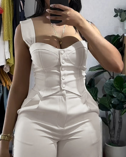 2 Pieces Outfit Thick Strap Button Front Shirred Back Slim Fit Crop Top and Casual High Waist Zipper Fly Elastic Back Waist Wide Leg Pants Set