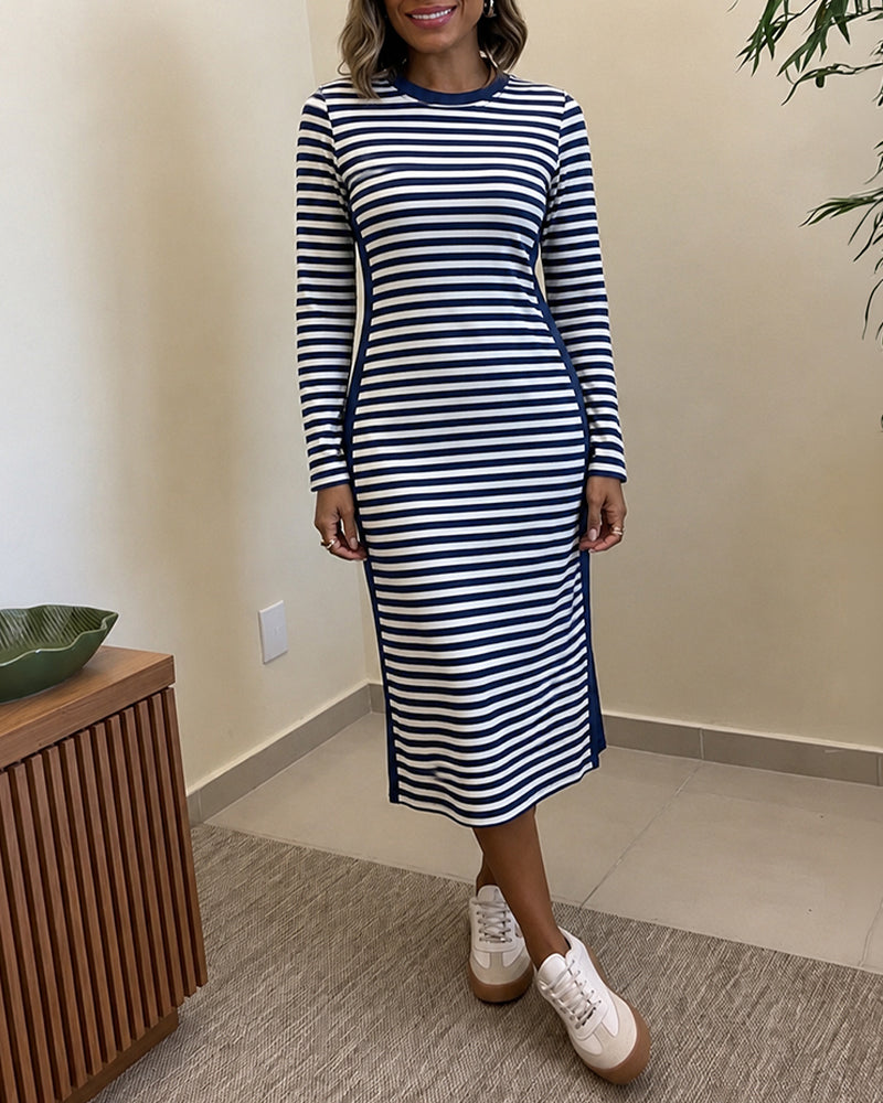 Women's Casual Striped Midi Dress Long Sleeve Crewneck Contrast Side Panel Side Slit T-Shirt Knit Dress with Pockets