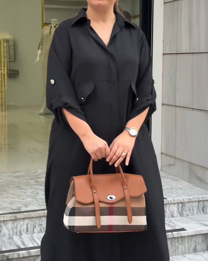 2 Pieces Outfit Turn-down Collar Turn-Up Sleeves Button Front Asymmetrical Hem Longline Blouse and Casual Elastic Waist Wide Leg Pants Set