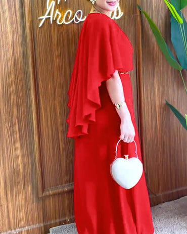 Overlap V-Neck Asymmetrical Ruffles Cape Design Cinched Waist Maxi Dress Elegant Shirred Back Evening Dress without Belt
