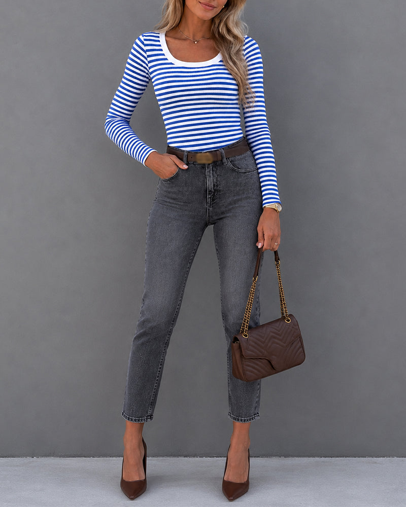 Women's Striped Ribbed U-Neck Long Sleeve Top Slim Fit Contrast Trim Tee