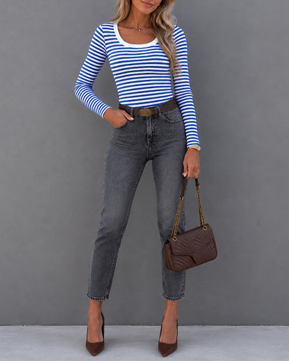 Women's Striped Ribbed U-Neck Long Sleeve Top Slim Fit Contrast Trim Tee