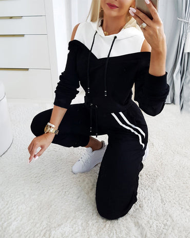 2 Pieces Outfit Colorblock Cold Shoulder Long Sleeve Drawstring Hoodie Top and Casual Contrast Striped Decor Elastic Waist Jogger Pants Set