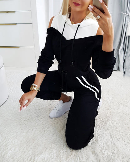 2 Pieces Outfit Colorblock Cold Shoulder Long Sleeve Drawstring Hoodie Top and Casual Contrast Striped Decor Elastic Waist Jogger Pants Set