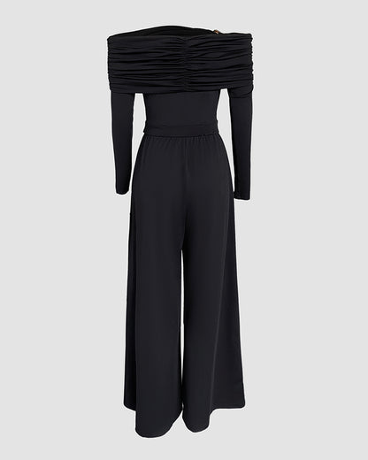 Metal Ring Decor Off Shoulder Ruched High Waist Jumpsuit Casual Cinched Waist Wide Leg Jumpsuit