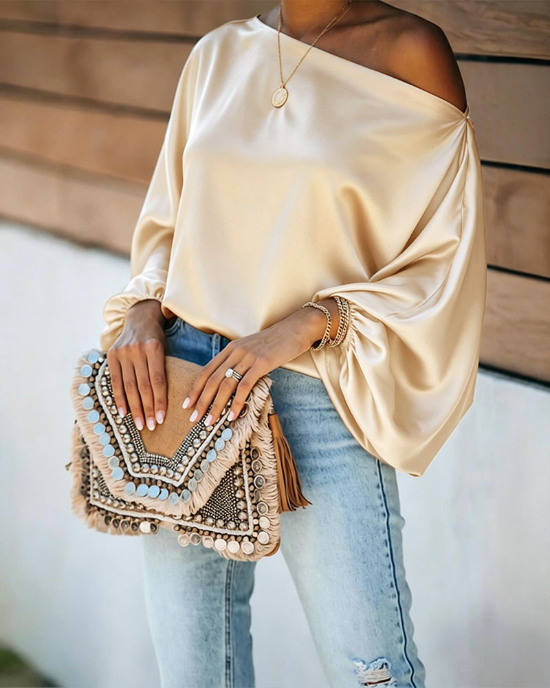 Women's Off Shoulder Satin Blouse Lantern Long Sleeve Shirt Casual Loose Fit Skew Neck Top