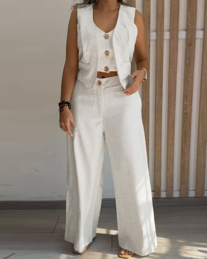 2 Pieces Outfits V Neck Sleeveless Button Front Vest Crop Top And Casual Zipper Fly Elastic Back Waist Wide Leg Pants Set