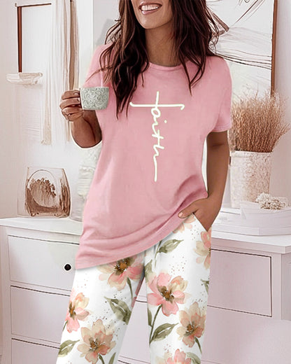 2 Pieces Outfit Faith Letter Print Short Sleeve Top and Watercolor Floral Print Elastic Waist Pants Set Casual Pajamas Set