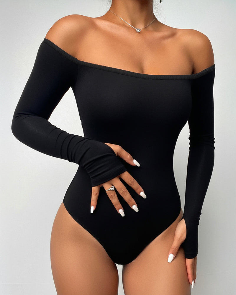 Off Shoulder Long Sleeve Slim Fit Versatile Bodysuit with Thumb Hole Cuffs