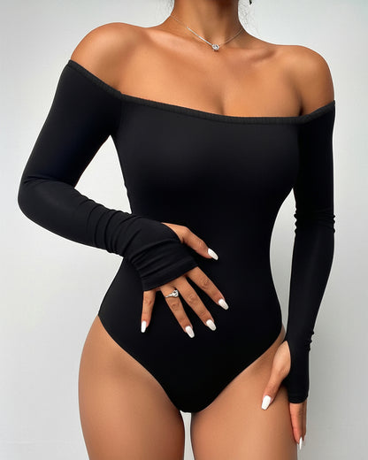 Off Shoulder Long Sleeve Slim Fit Versatile Bodysuit with Thumb Hole Cuffs