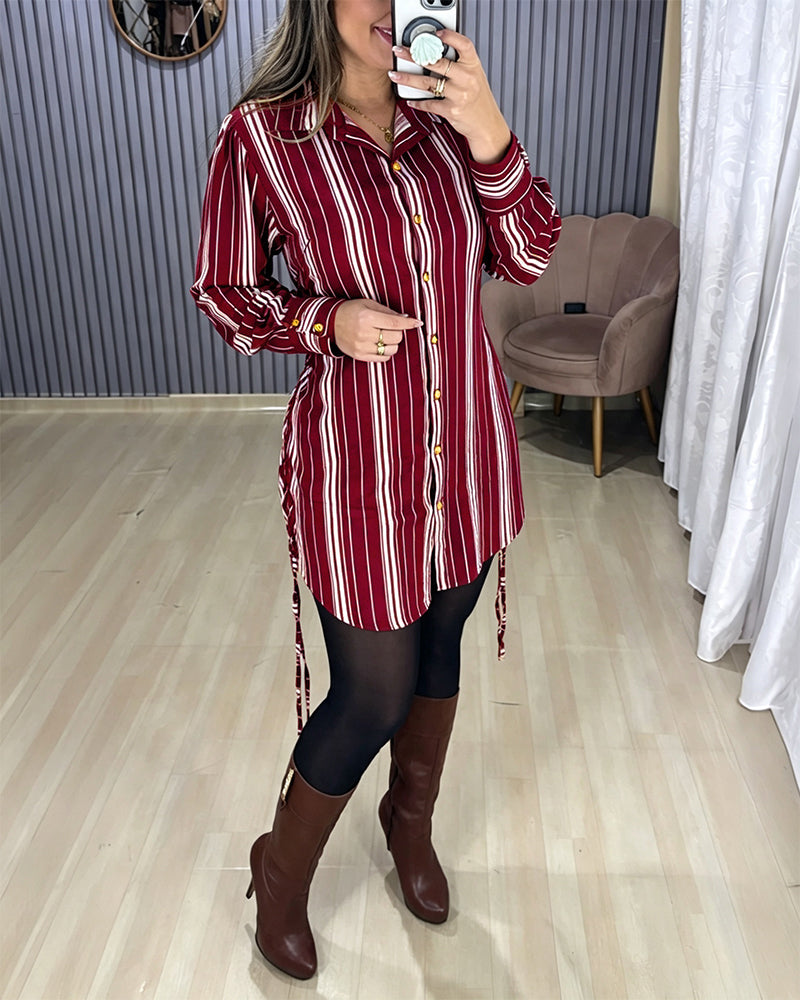 Women's Striped Shirt Dress Button Down Long Sleeve Shirred Waist Casual Dress