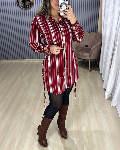 Women's Striped Shirt Dress Button Down Long Sleeve Shirred Waist Casual Dress