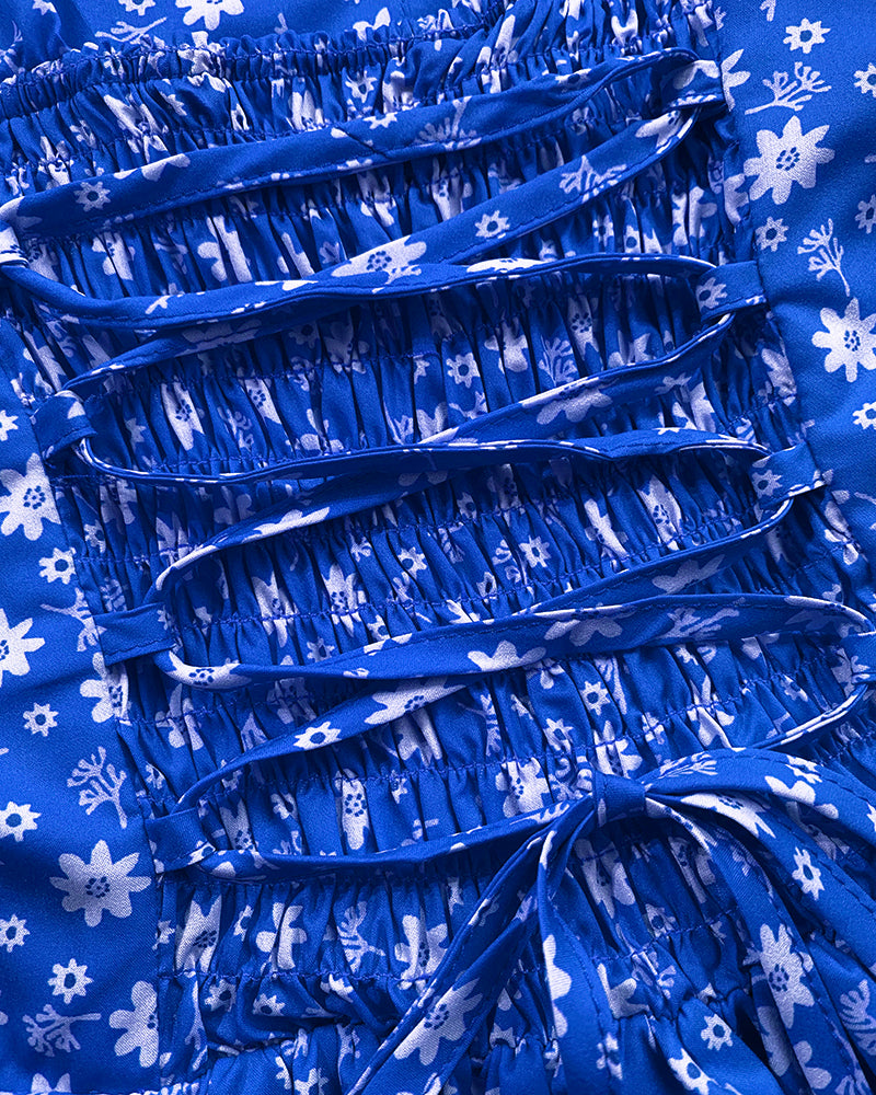 Floral Print Square Neck Thick Strap Tied Detail Romper Casual Shirred Lace-up Back Slit Skort Romper