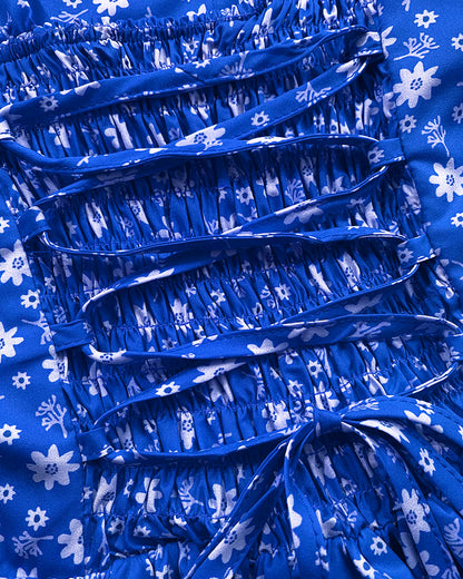 Floral Print Square Neck Thick Strap Tied Detail Romper Casual Shirred Lace-up Back Slit Skort Romper