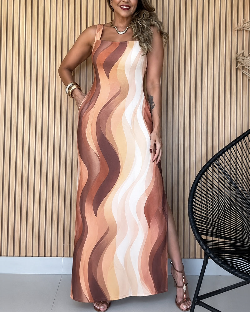 Women's Abstract Print Maxi Dress Elegant Square Neck Backless Tie Vacation Dress Side Slit Beach Sundress with Pockets