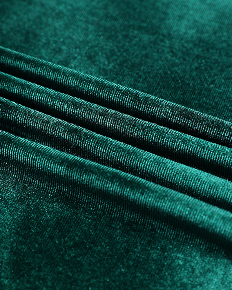 2 Pieces Outfit Contrast Sequin Ruched Long Sleeve Zip Up Coat and Elastic Waist Pants Set Casual Slim Fit Velvet Tracksuit