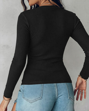 Women's V Neck Long Sleeve Ribbed Knit Top Slim Fit Base Layer Shirt Soft Stretchy Casual Tee with Built-in Bra