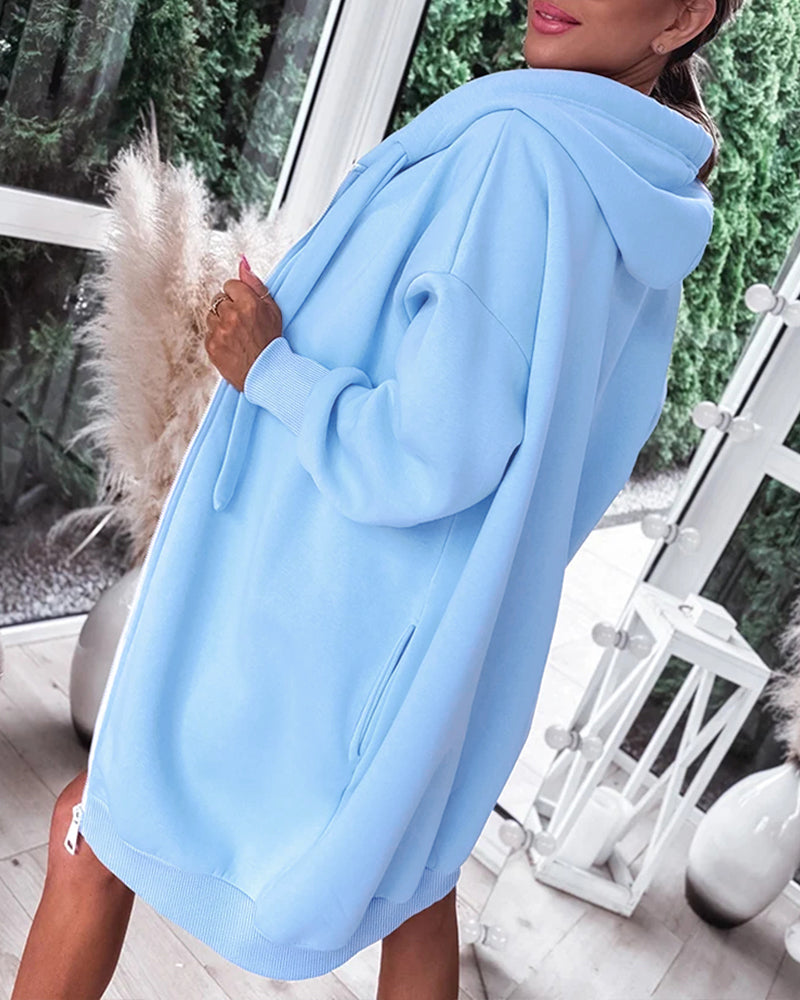 Women's Oversized Fleece Zip Up Hoodie Coat Long Sleeve Mid-Length Sweatshirt